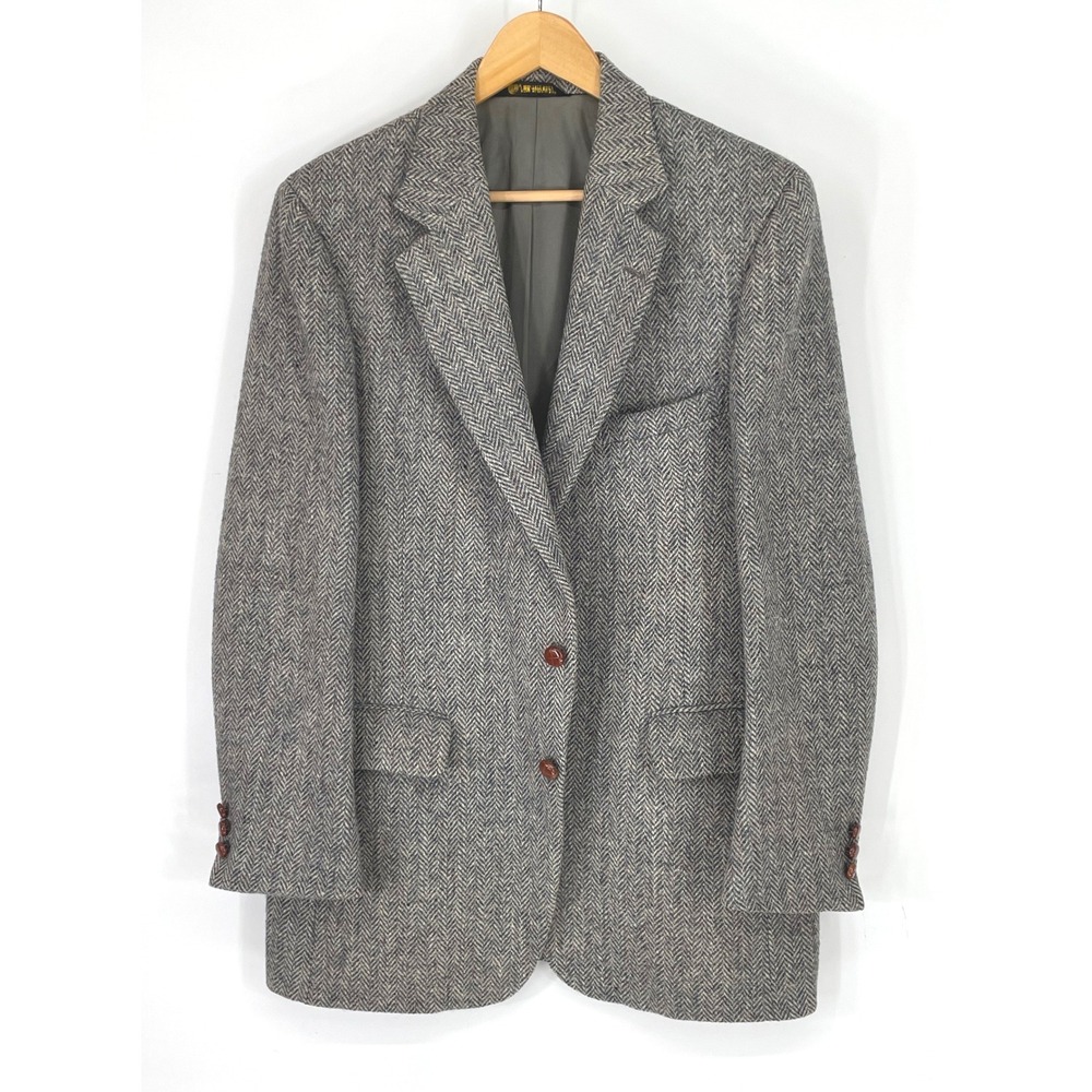 VTG Harris Tweed PBM Men Blazer 42R Sport Coat Gray Herringbone Tweed Wool